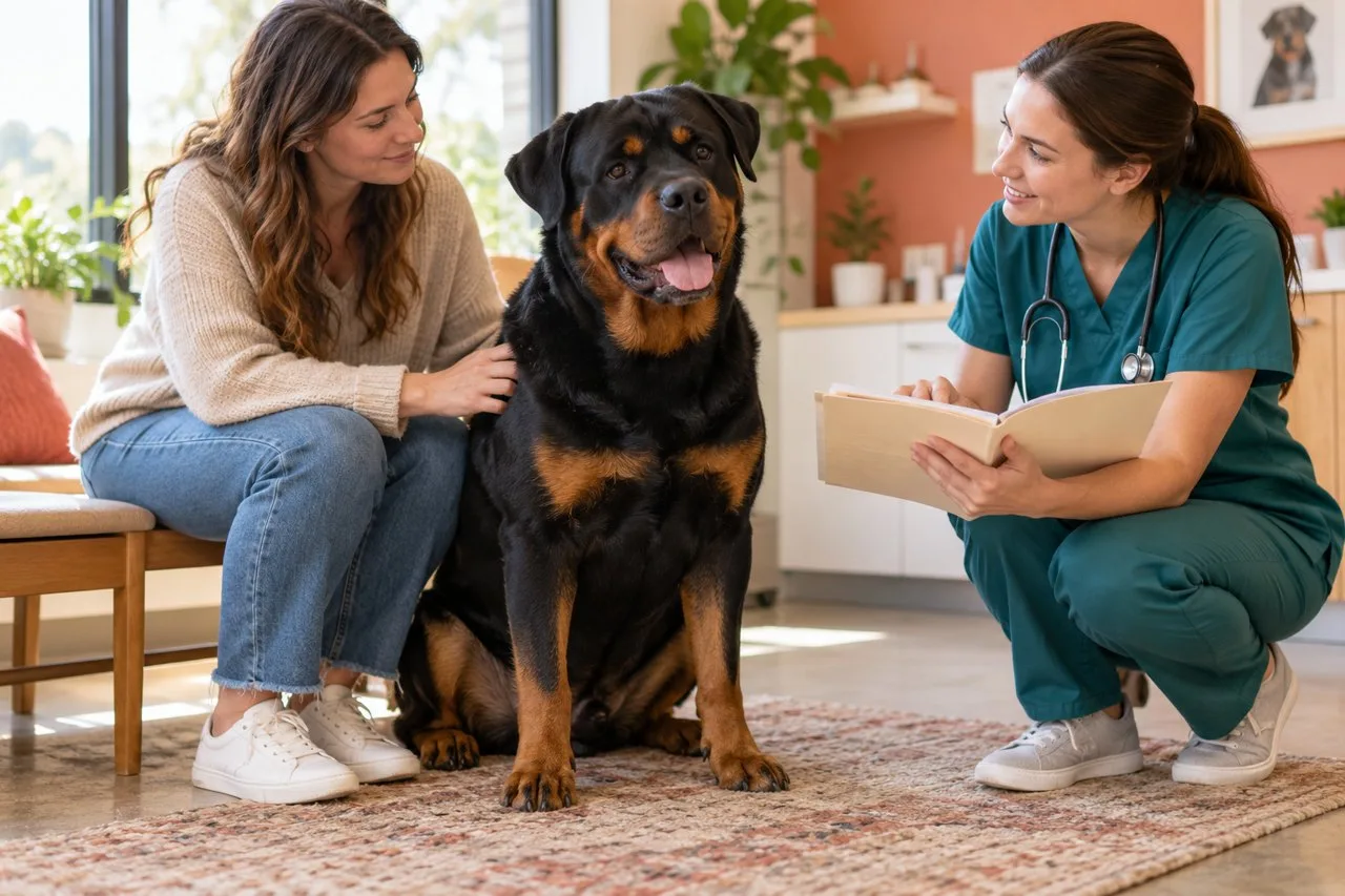 Rottweiler with an owner and veterinary professional during a consultation