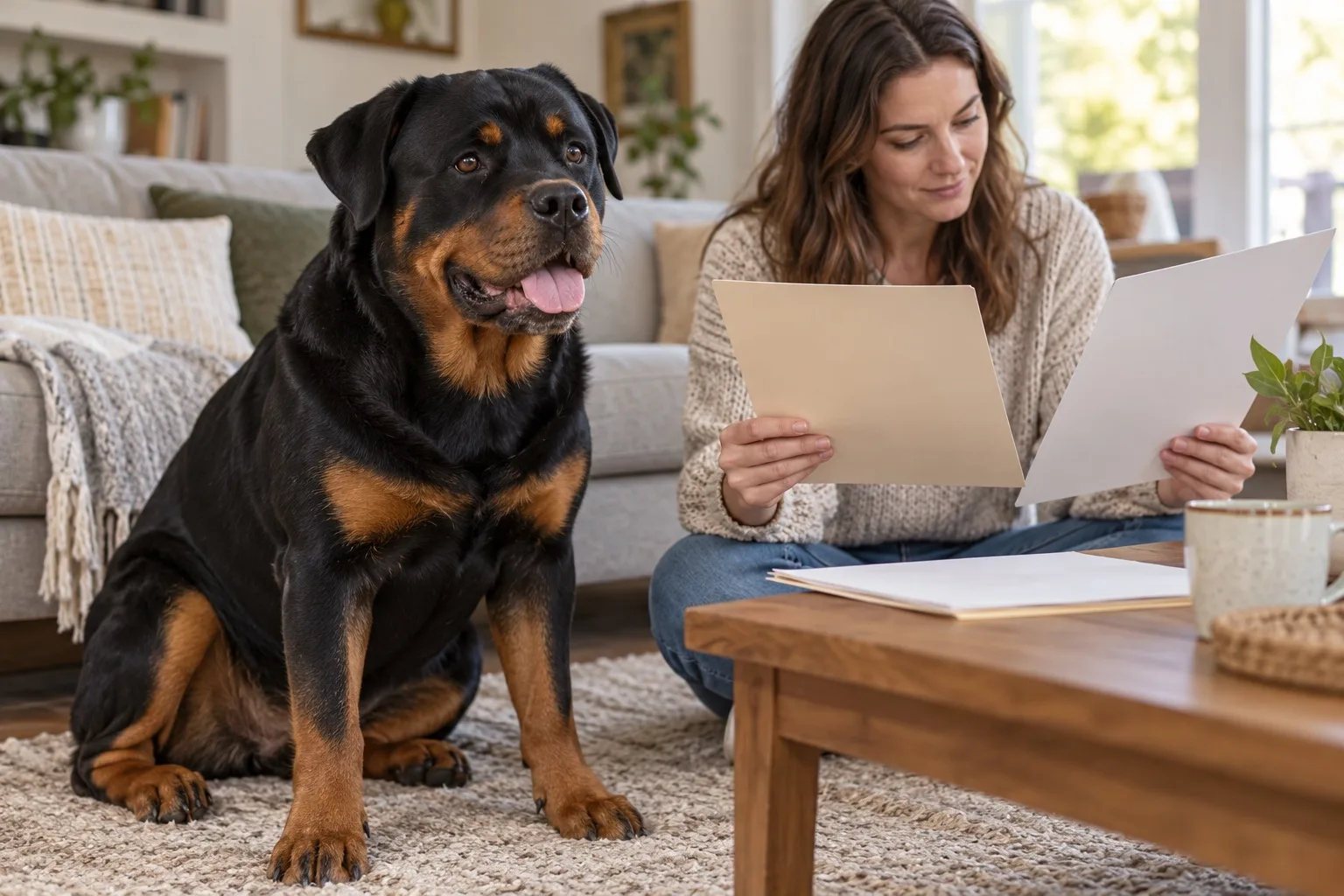 Rottweiler beside an owner comparing papers in a living room